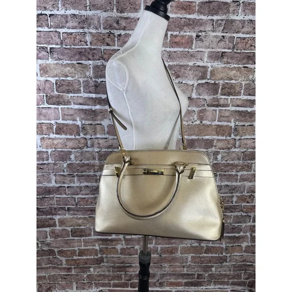 Calvin Klein Gold Metallic Pebbled Leather Satchel Crossbody Bag Convertible - Picture 2 of 16